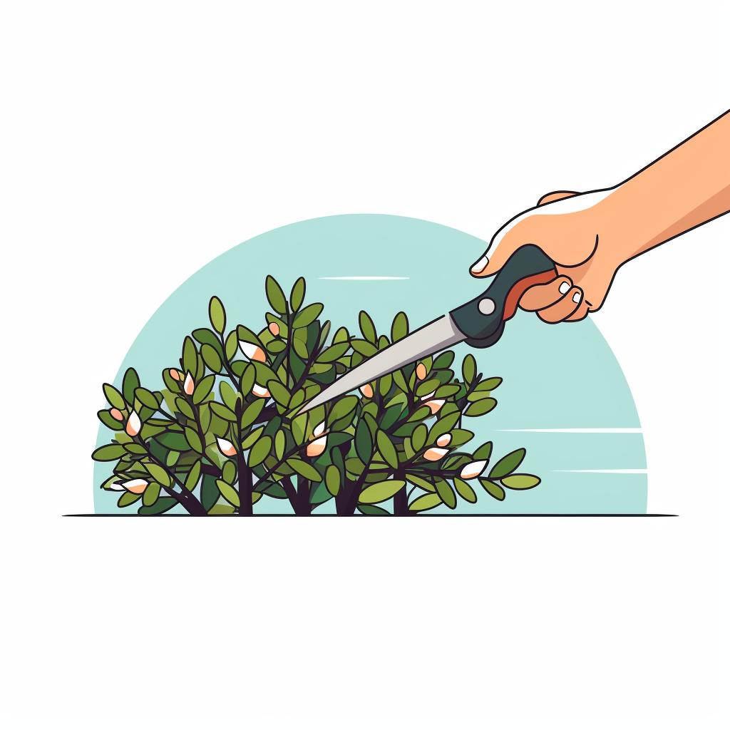 Pruning shears trimming a shrub.