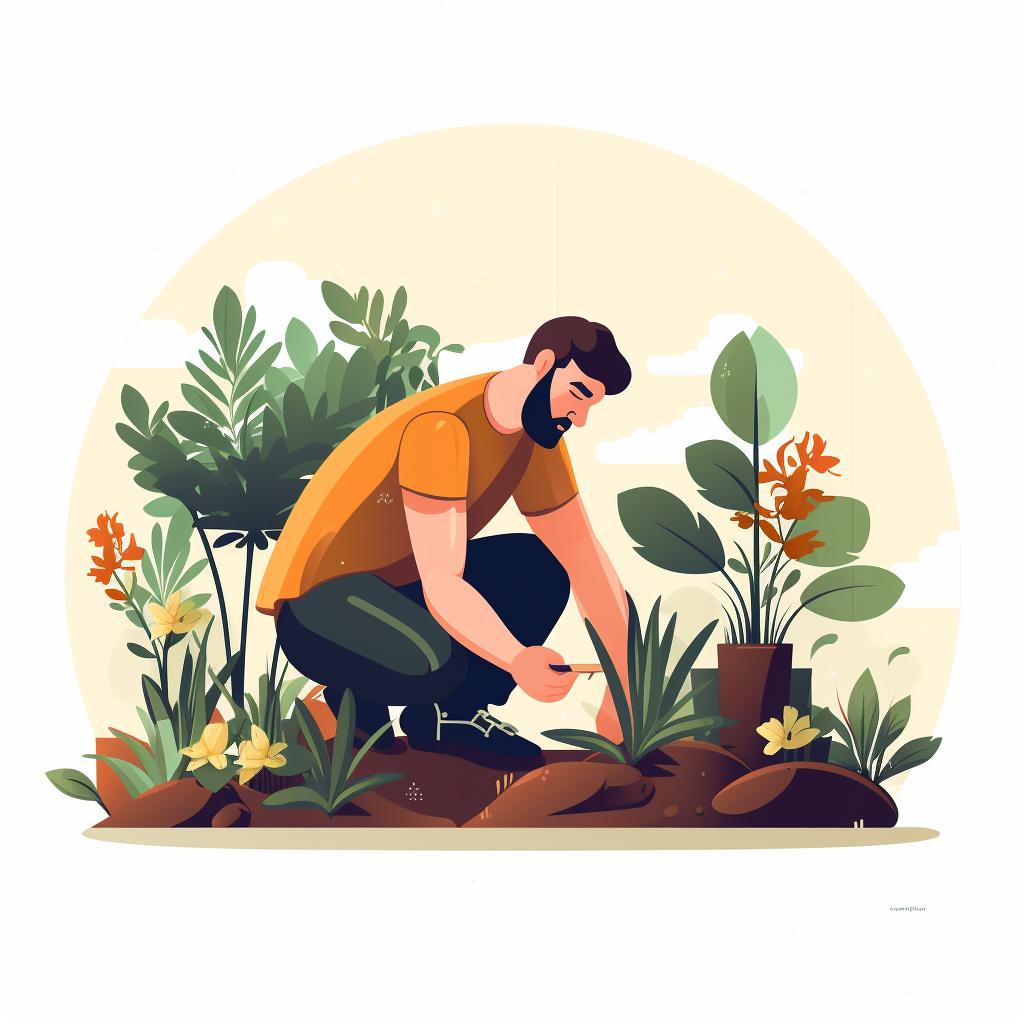 A gardener planting native plants in a garden